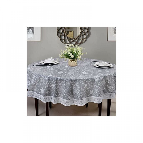 gris 220cm Nappe Toile Cirée Pvc Ronde, avec Motif Floral Et Dentelle, nappe Ronde Anti Tache