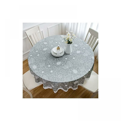 gris 220cm Nappe Toile Cirée Pvc Ronde, avec Motif Floral Et Dentelle, nappe Ronde Anti Tache