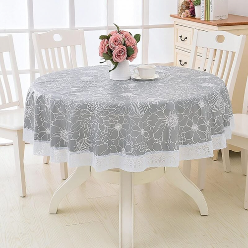 gris 220cm Nappe Toile Cirée Pvc Ronde, avec Motif Floral Et Dentelle, nappe Ronde Anti Tache