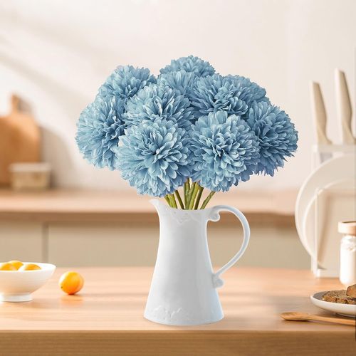 12 Pièces Bleu Clair Fleurs Artificielles En Boule De Chrysanthème Soie Hortensia Bouquet Fleurs
