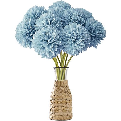 12 Pièces Bleu Clair Fleurs Artificielles En Boule De Chrysanthème Soie Hortensia Bouquet Fleurs