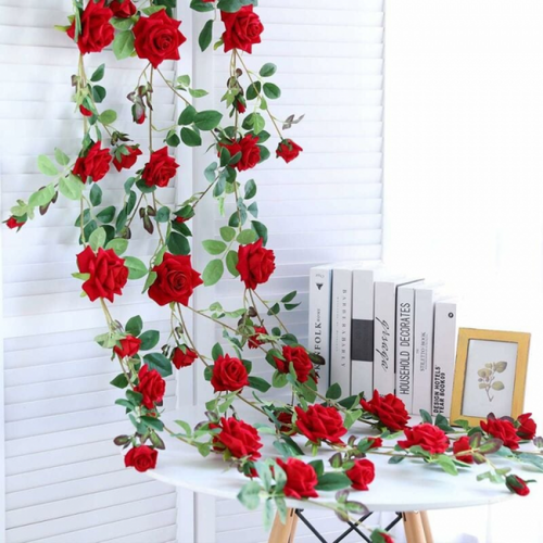 1.8 M - Rouge Guirlandes De Roses Artificielles En Velours De Soie