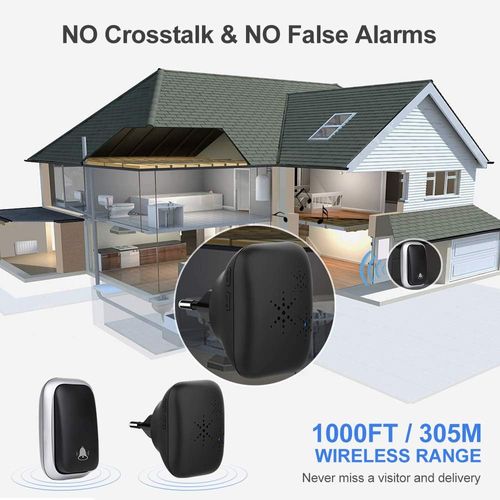 Noir-sonnette Sans Fil, Sonnette Auto Alimentée Sans Batterie Requise Carillon De Porte Sans Fil