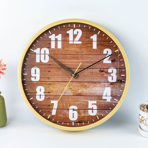 Horloge Murale Simple 30cm, Rouge, Marron, Avec Des Planches Faux Grain De Bois