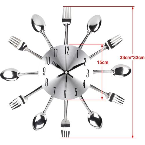 Horloge De Cuisine Effet Miroir Avec Cuillère, Fourchette, Autocollant Amovible En 3d