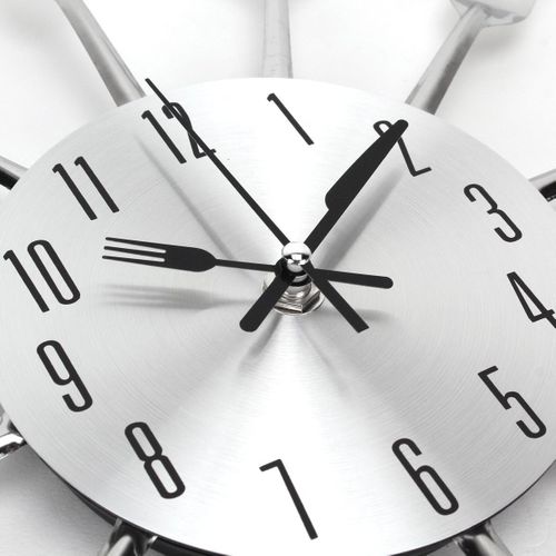 Horloge De Cuisine Effet Miroir Avec Cuillère, Fourchette, Autocollant Amovible En 3d