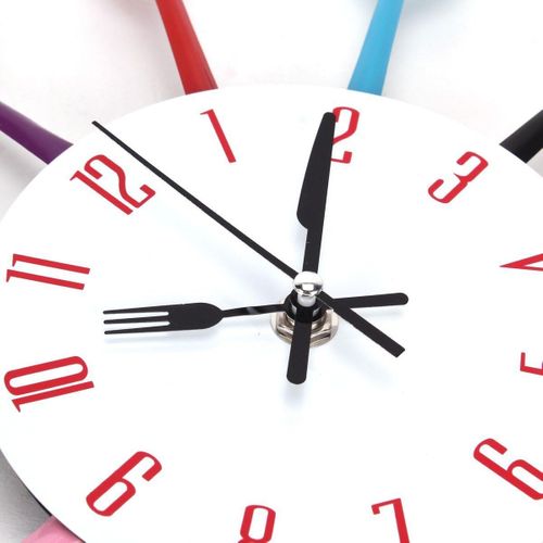Couleur 32 Cm Horloge De Cuisine Effet Miroir Avec Cuillère, Fourchette, Autocollant Amovible