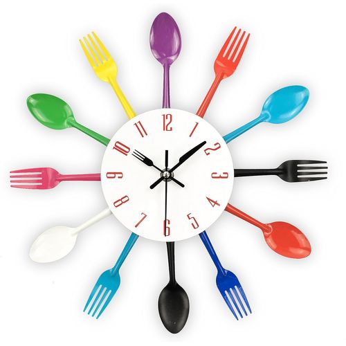 Couleur 32 Cm Horloge De Cuisine Effet Miroir Avec Cuillère, Fourchette, Autocollant Amovible