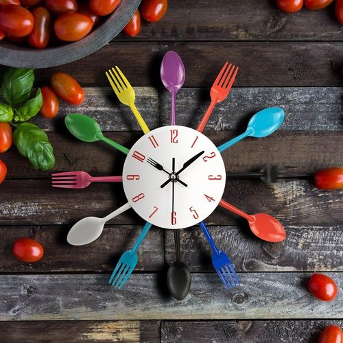 Couleur 32 Cm Horloge De Cuisine Effet Miroir Avec Cuillère, Fourchette, Autocollant Amovible