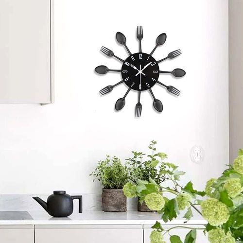 Noir 32 Cm Horloge De Cuisine Effet Miroir Avec Cuillère, Fourchette, Autocollant Amovible