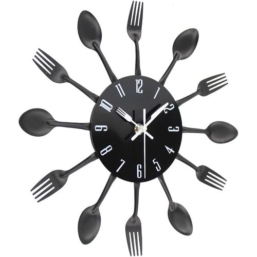 Noir 32 Cm Horloge De Cuisine Effet Miroir Avec Cuillère, Fourchette, Autocollant Amovible