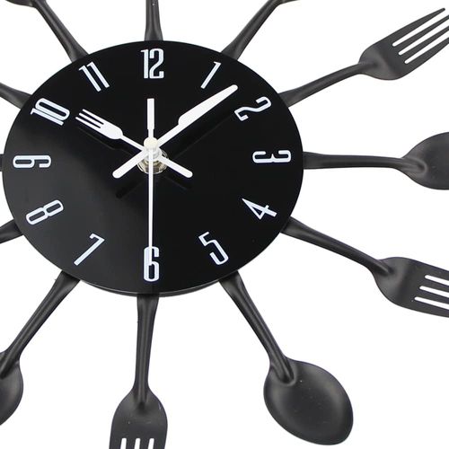 Noir 32 Cm Horloge De Cuisine Effet Miroir Avec Cuillère, Fourchette, Autocollant Amovible