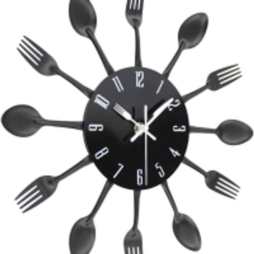 Noir 32 Cm Horloge De Cuisine Effet Miroir Avec Cuillère, Fourchette, Autocollant Amovible