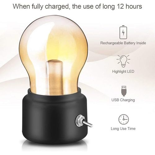 Lampe De Chevet Rétro Ampoule(noir), USB Rechargeable LED Night Light Mini Lampe De Chevet Lampe