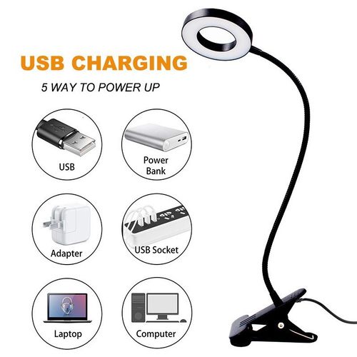 Noir, Lampe De Bureau à Pince 48 LED Flexible à 360°lampe Lecture Clipsable 3 Modes D’éclairage