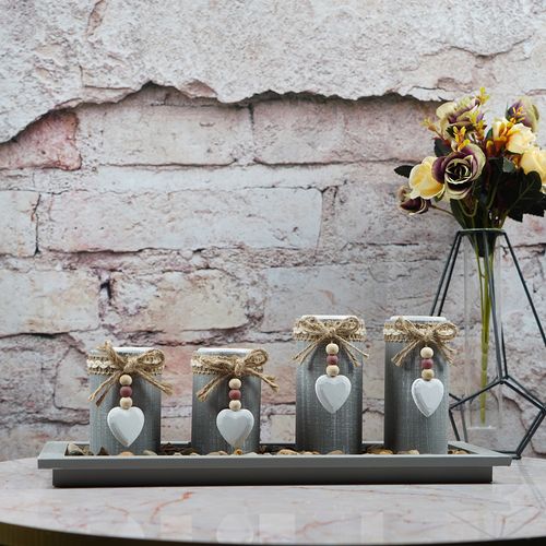 Bougeoir Ensemble De 4 Pièces Palette En Bois Gris,chandelier Photophore Decoration Centre