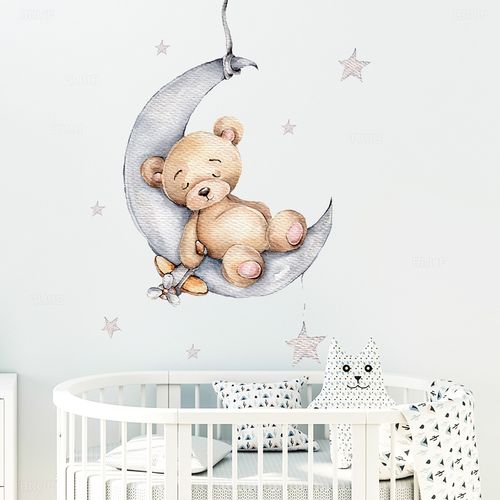 Stickers Muraux Forme D'ours Sur Les Nuages Autocollants Muraux Lune Étoile Ballon D'air Chaud