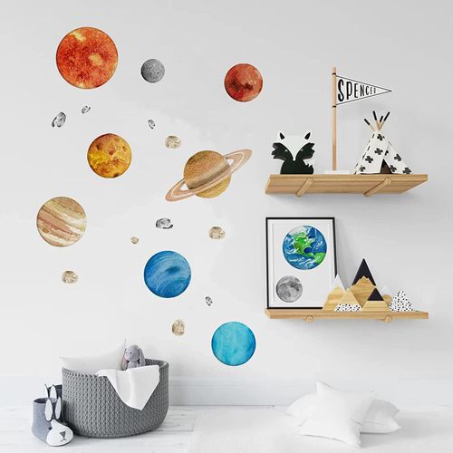 Sticker Mural Neuf Planètes, Sticker Mural Enfant, Décoration Murale Système Solaire, Chambre