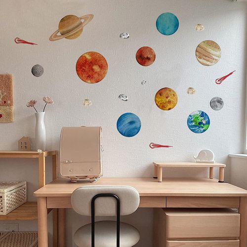 Sticker Mural Neuf Planètes, Sticker Mural Enfant, Décoration Murale Système Solaire, Chambre
