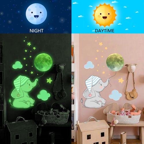 Sticker Mural Lumineux Bébé Éléphant Lune Étoile, Autocollant Mural Fluorescent Créatif
