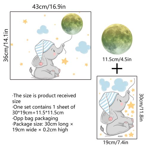 Sticker Mural Lumineux Bébé Éléphant Lune Étoile, Autocollant Mural Fluorescent Créatif