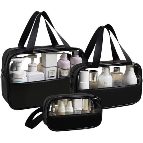 Lot De 3 Trousses Cosmétiques Transparentes Noires, Trousse De Toilette De Voyage, Organisateur