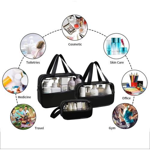 Lot De 3 Trousses Cosmétiques Transparentes Noires, Trousse De Toilette De Voyage, Organisateur