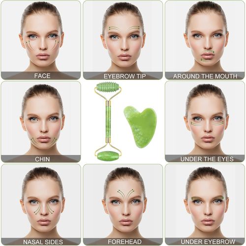 Jade Roller Visage Et Gua Sha Masseur, Rouleau De Jade Double Extrémité Et Pierre De Massage Natu
