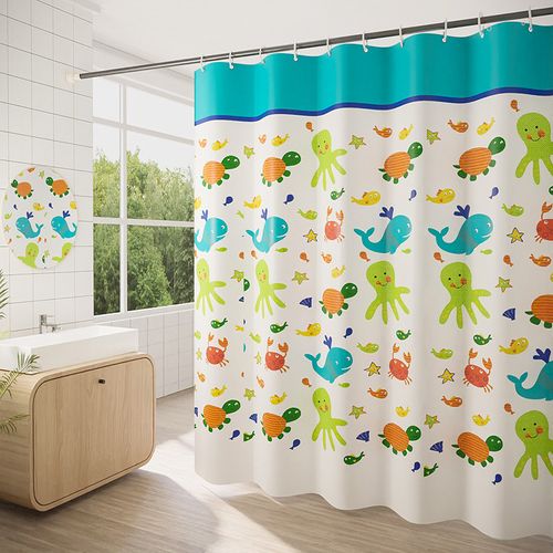 180 X 200cm Rideau De Douche Avec 12 Crochets Séchage Rapideanimaux Marins , Tissu Polyester