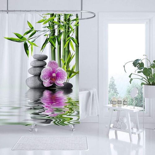 120 X 180 Cm-rideau Douche Blanc Avec Crochet Rideau Douche Bambou Fleuri Rose，rideau Douche