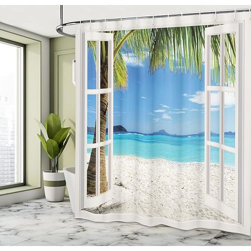Rideau De Douche En Polyester De Plage 180 * 180cm , Arbre Tropical De Palm Beach, Ensemble