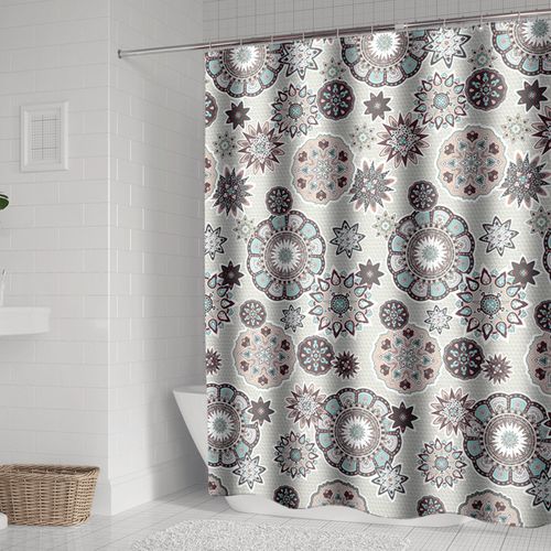 Rideau De Douche Gris à Motif Mandala - 180*180cm, Rideau De Douche En Polyester Lavable180*180cm