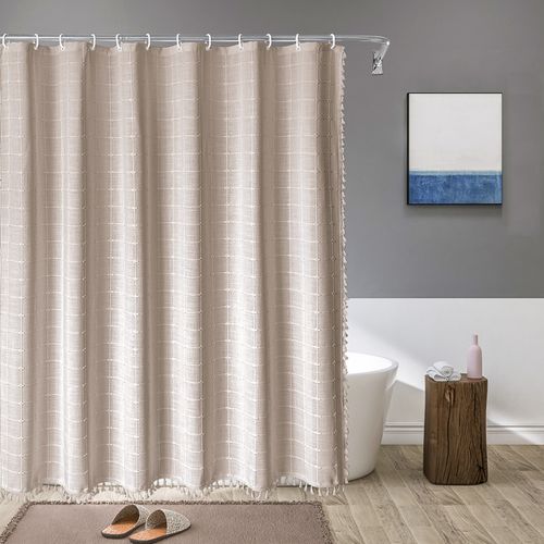 180*180cm Rideau De Douche à Pompon En Polyester Lin Kaki , Rideau De Douche Imperméable