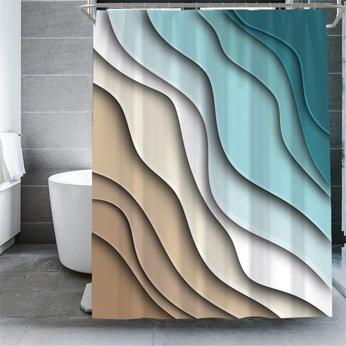 180*180cm Rideau De Douche Abstrait à Vagues Bleu , Rideau De Douche Imperméable Avec Crochets