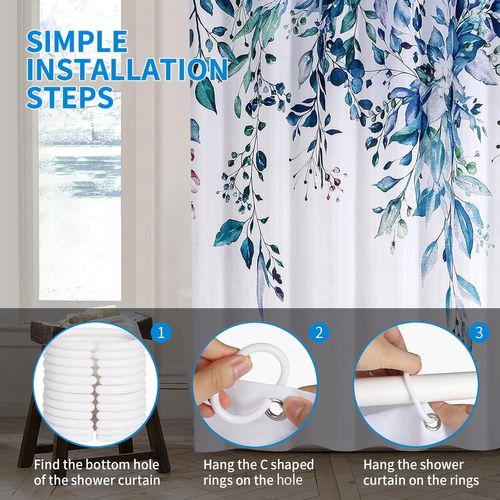 180x180cm，bleu Rideau De Douche Floral Avec 12 Crochets, Rideaux De Douche En Polysilicium Imper
