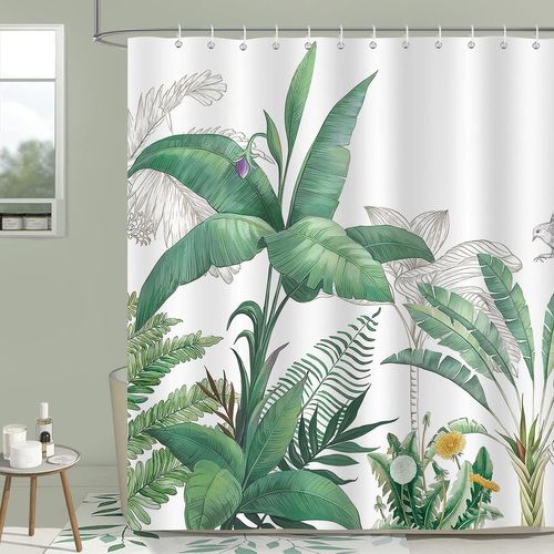 180 X 180 Cm Avec 12 Crochets Rideau De Douche Feuille De Bananier Vert Plantes Tropicales