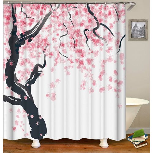 Floral Rideau De Douche, 180 Cm X 200 Cm, Rose Noir, Arbre De Fleurs De Cerisier, Tissu Ensemble