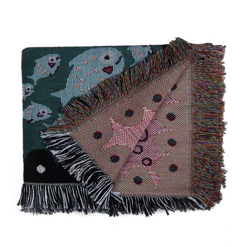 Plaid Tricotée Décorée Avec Des Franges Bohême - 160x130 Cm - Bleu