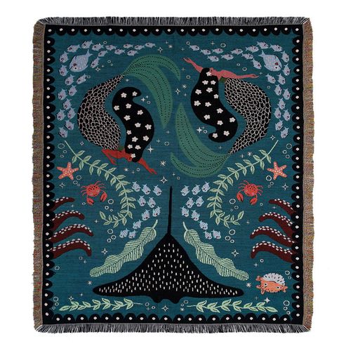 Plaid Tricotée Décorée Avec Des Franges Bohême - 160x130 Cm - Bleu