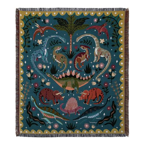 Plaid Dinosaures Tricotée Décorée Avec Des Franges Bohême - 160x130 Cm