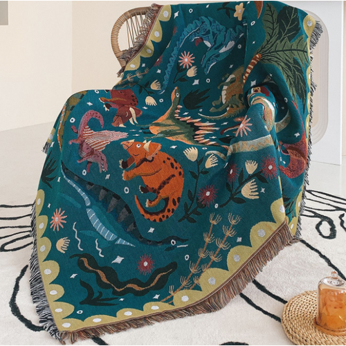 Plaid Dinosaures Tricotée Décorée Avec Des Franges Bohême - 160x130 Cm