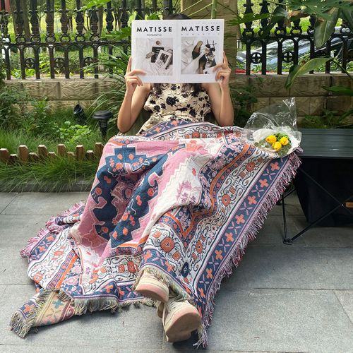 Plaid Tricotée Décorée Avec Des Franges Bohême - 160x130 Cm - Rose