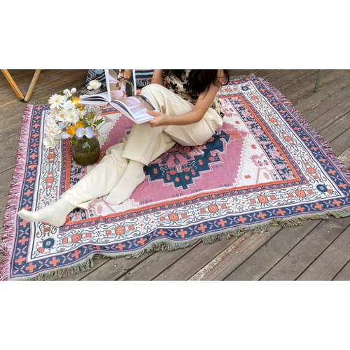 Plaid Tricotée Décorée Avec Des Franges Bohême - 160x130 Cm - Rose