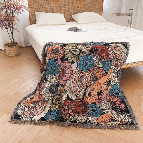 Plaid Fleurs Tricotée Décorée Avec Des Franges Bohême - 160x130cm