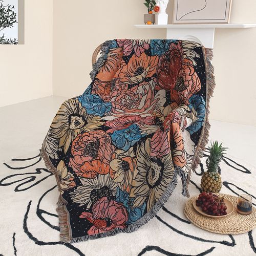 Plaid Fleurs Tricotée Décorée Avec Des Franges Bohême - 160x130cm