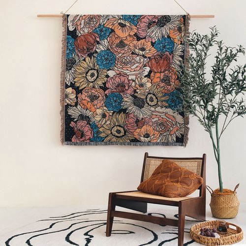 Plaid Fleurs Tricotée Décorée Avec Des Franges Bohême - 160x130cm