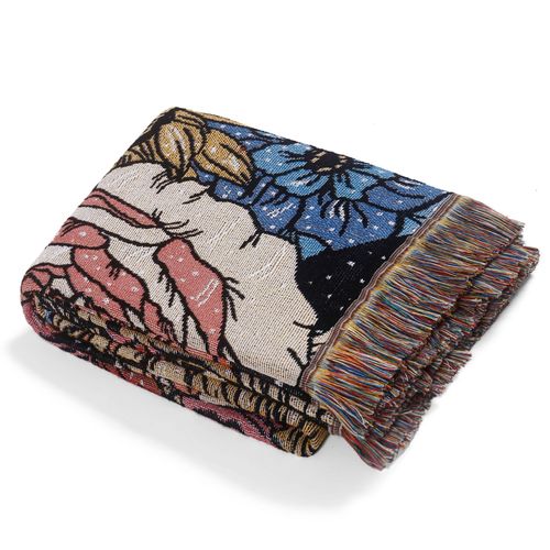 Plaid Fleurs Tricotée Décorée Avec Des Franges Bohême - 160x130cm