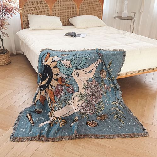 Plaid Tricotée Décorée Avec Des Franges Bohême - 160x130 Cm - Bleu