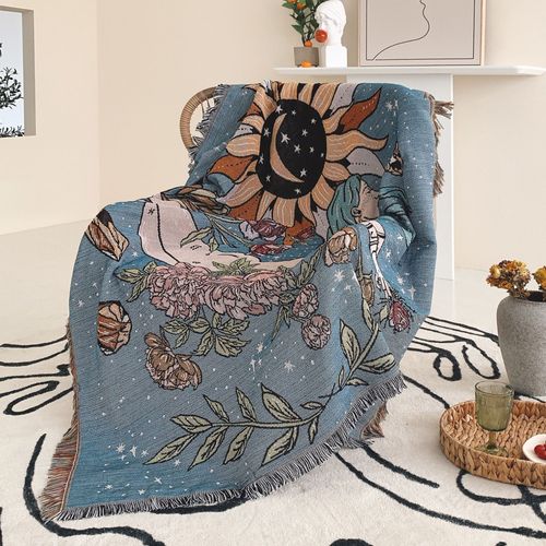Plaid Tricotée Décorée Avec Des Franges Bohême - 160x130 Cm - Bleu