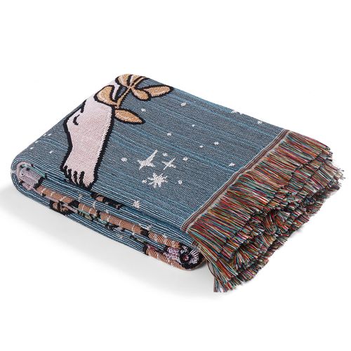 Plaid Tricotée Décorée Avec Des Franges Bohême - 160x130 Cm - Bleu